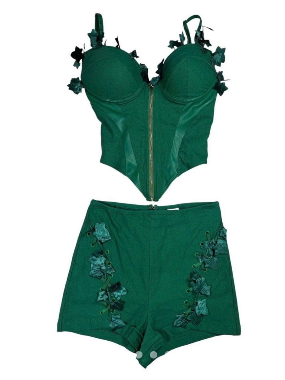 DC Emerald Green Floral Appliqué Bustier Corset Top & High-Waist Shorts Set